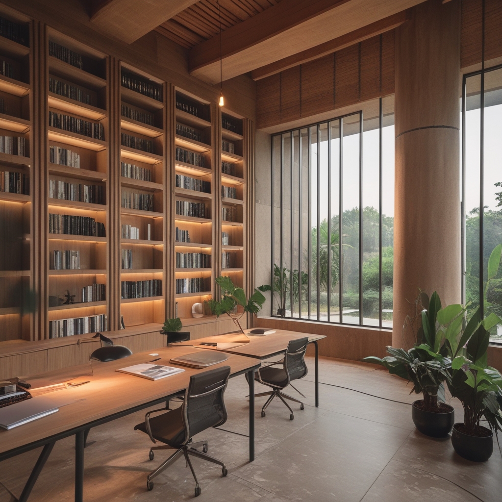 Interior perpustakaan atau ruang studi bergaya modern dengan rak-rak buku tinggi dari kayu gelap, meja kerja lebar dengan cahaya lampu hangat, jendela tinggi dengan cahaya siang yang masuk dari samping, suasana akademis yang tenang dan terkonsentrasi