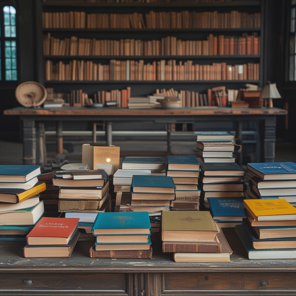 Koleksi buku-buku tebal dan jurnal ilmiah yang tersusun rapi di rak kayu tua dengan patina waktu, pencahayaan hangat dari lampu meja yang menerangi halaman-halaman terbuka, suasana perpustakaan penelitian yang damai