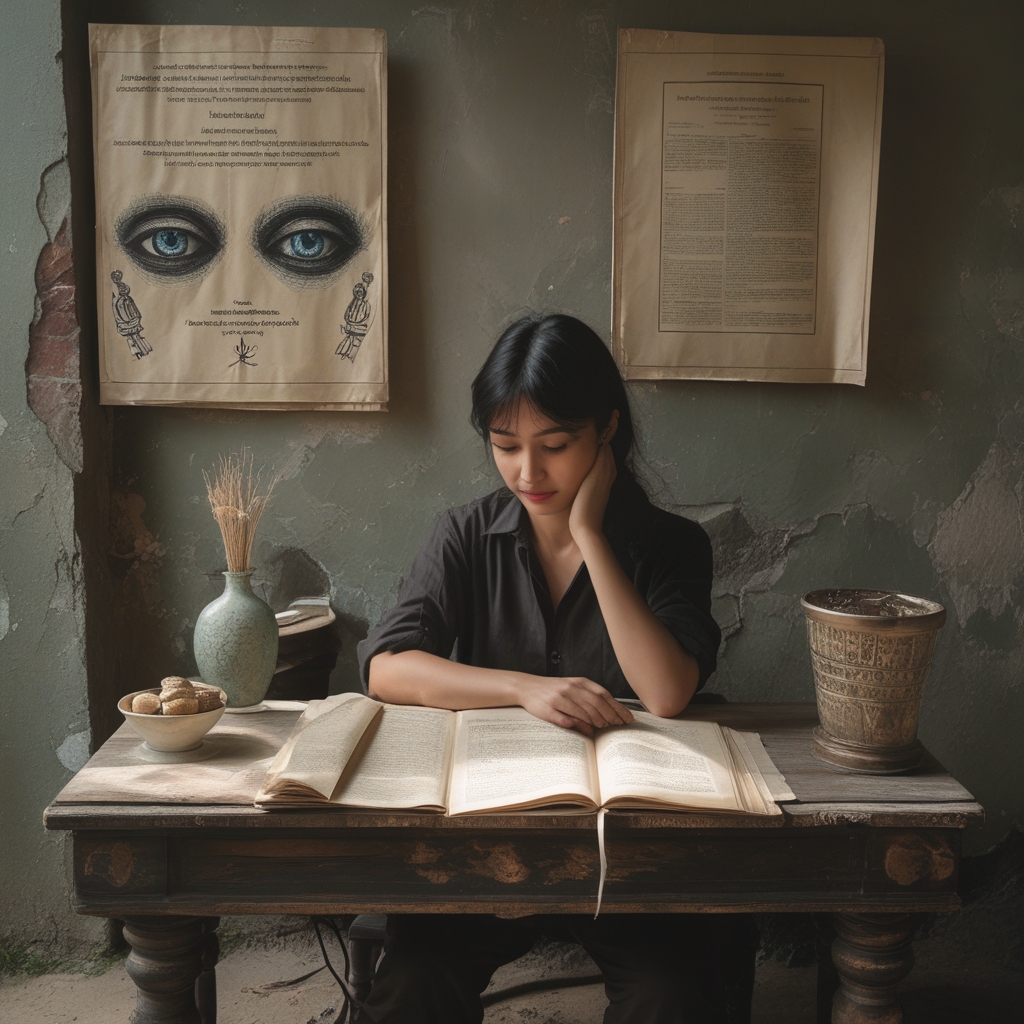 Manuskrip kuno atau halaman buku bersejarah terbuka dengan ilustrasi diagram mata bergaya abad pertengahan, teks dalam aksara kuno, di atas meja batu atau kayu gelap dengan cahaya lilin yang dramatis
