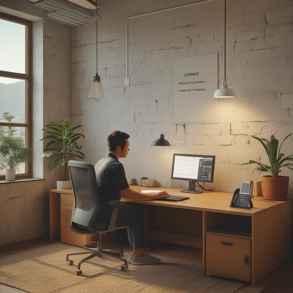 Ruangan kerja terang dengan cahaya alami masuk melalui tirai putih tipis, lampu meja bertema hangat di sudut, tidak ada silau langsung pada layar, suasana kerja yang nyaman dan seimbang pencahayaannya, tidak ada orang