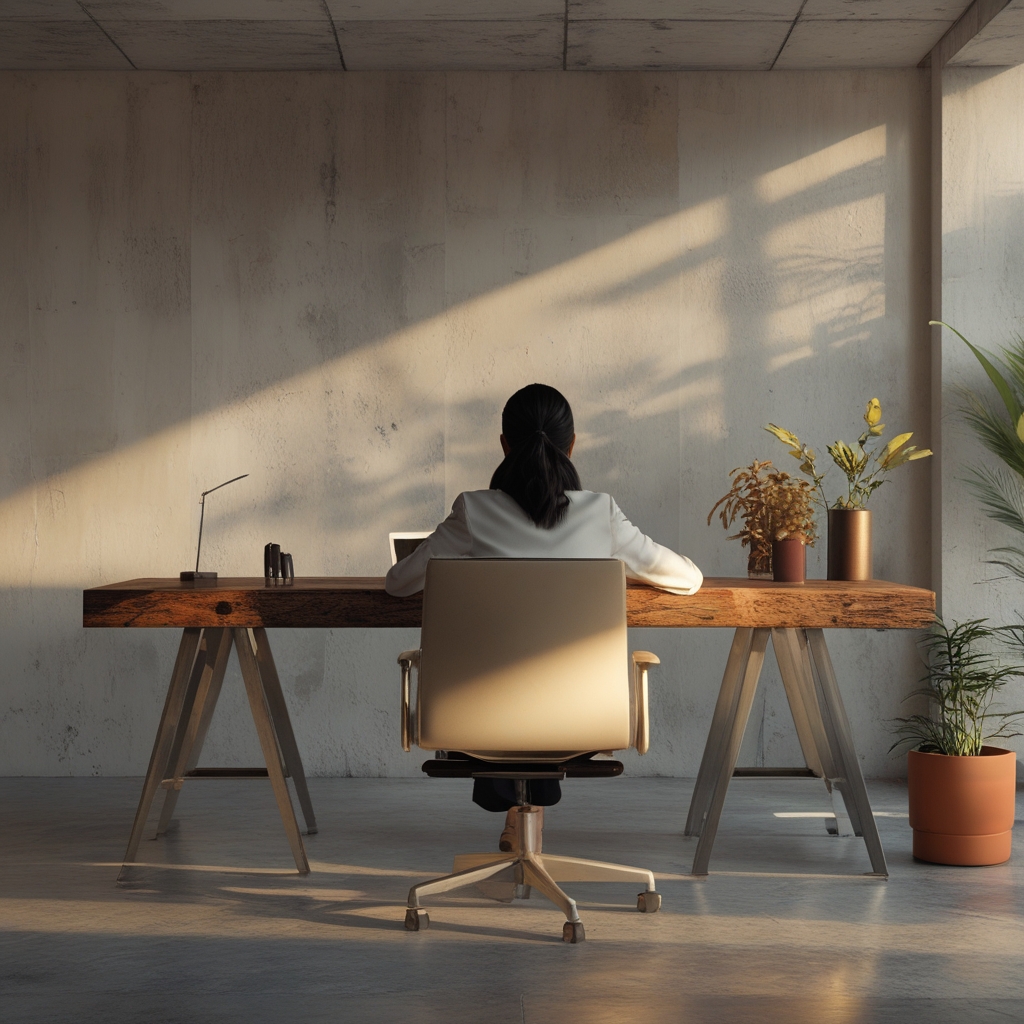 Orang duduk tegak di kursi ergonomis dengan postur punggung lurus dan tangan rileks di atas meja, pandangan mengarah ke layar pada posisi yang tepat, lingkungan kantor modern yang bersih dan terang