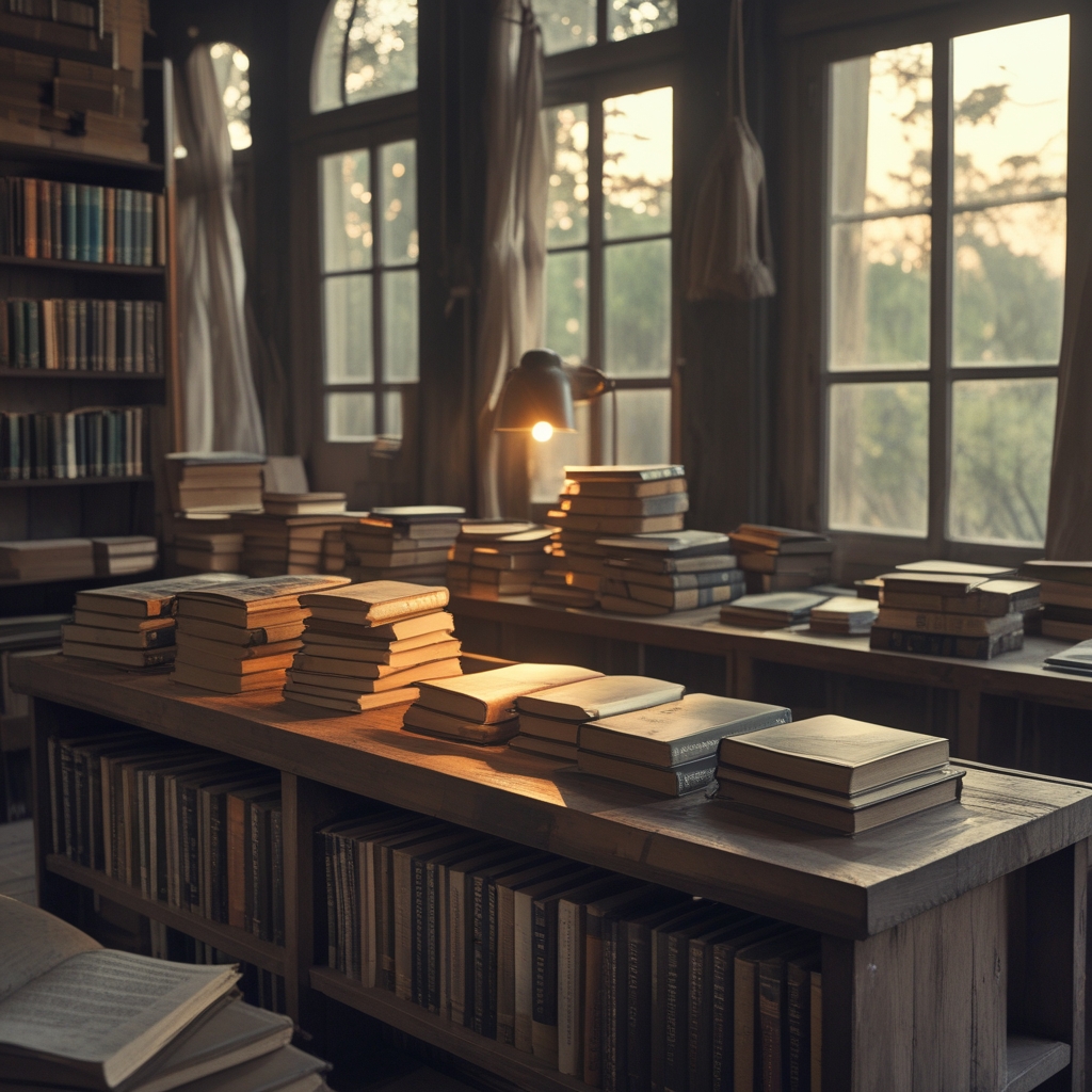 Tumpukan buku-buku ilmiah dan jurnal terbuka di atas meja kayu gelap dengan pencahayaan hangat dari lampu baca, suasana ruang baca penelitian yang akademis dan tenang, tidak ada orang